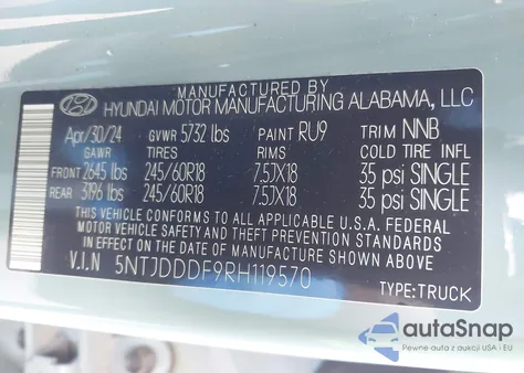 2024 Hyundai Santa Cruz Xrt z USA, uszkodzony, nr VIN 5NTJDDDF9RH119570